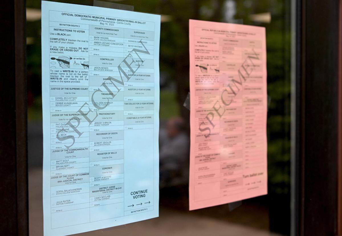 Sample ballots hang on the entry to the Patton South 3 precinct at the Park Forest Baptist Church during the primary election on Tuesday, May 16, 2023.