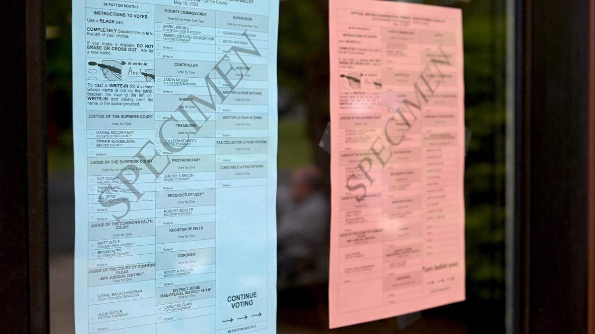 Sample ballots hang on the entry to the Patton South 3 precinct at the Park Forest Baptist Church during the primary election on Tuesday, May 16, 2023.