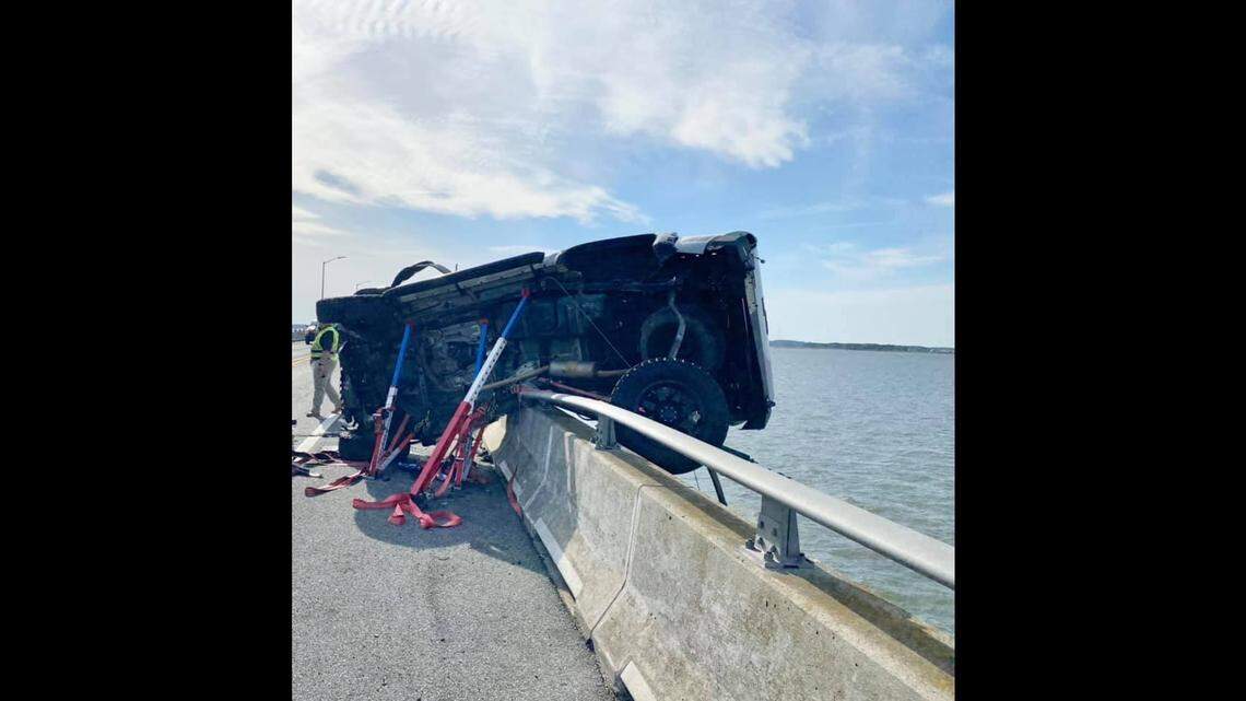 A good Samaritan jumped over the guardrail into a Maryland bay and saved an infant thrown from this vehicle during a crash.