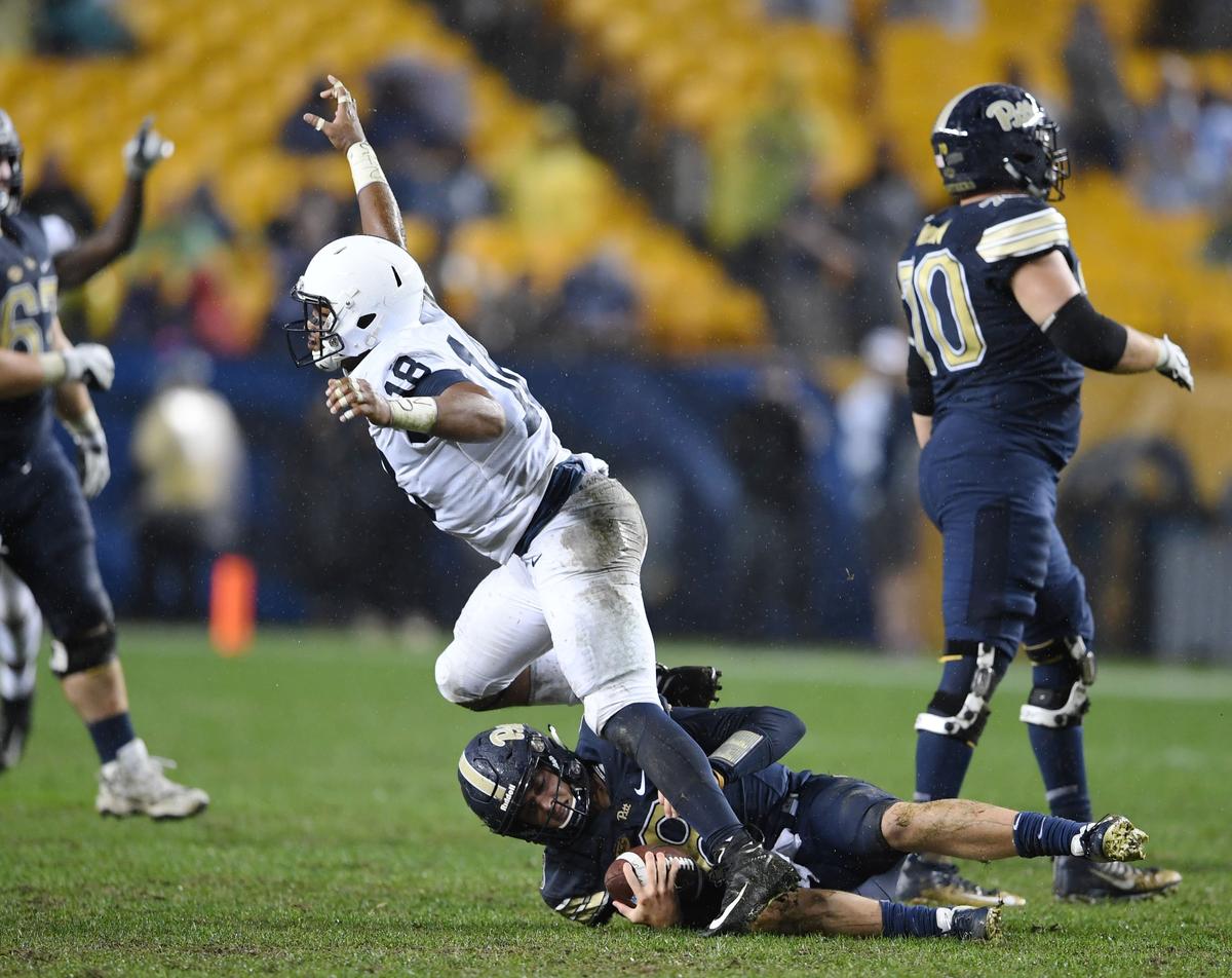 Penn State defensive end Shaka Toney reacts after sacking Pitt quarterback Kenny Pickett during a game against Pitt Saturday, Sept. 8, 2018 at Heinz Field.
