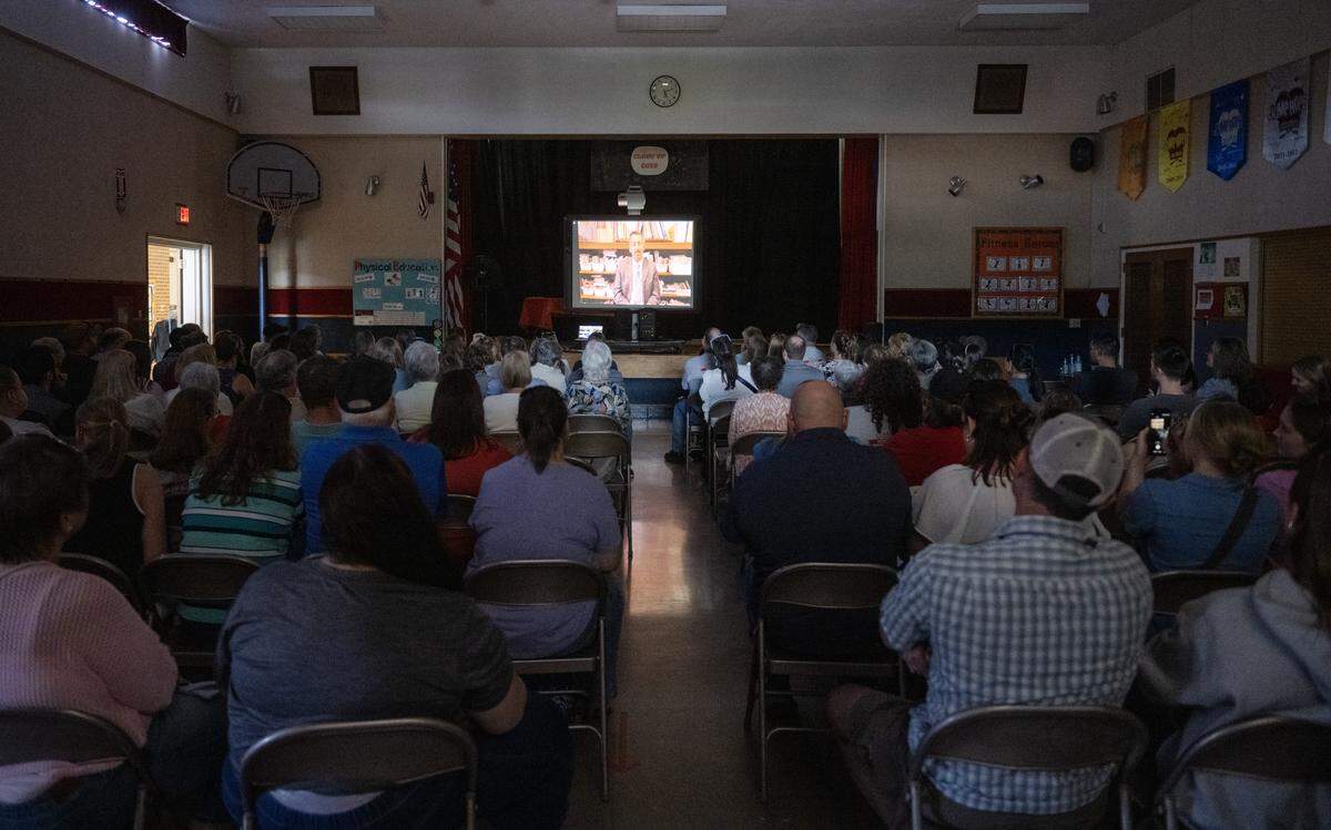 A video plays during the Benner Elementary farewell celebration on Monday, June 1, 2026.