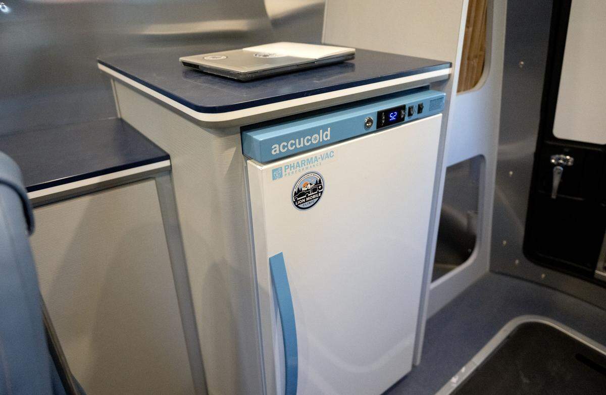A fridge to store vaccinations in the Lion Mobile Clinic. 