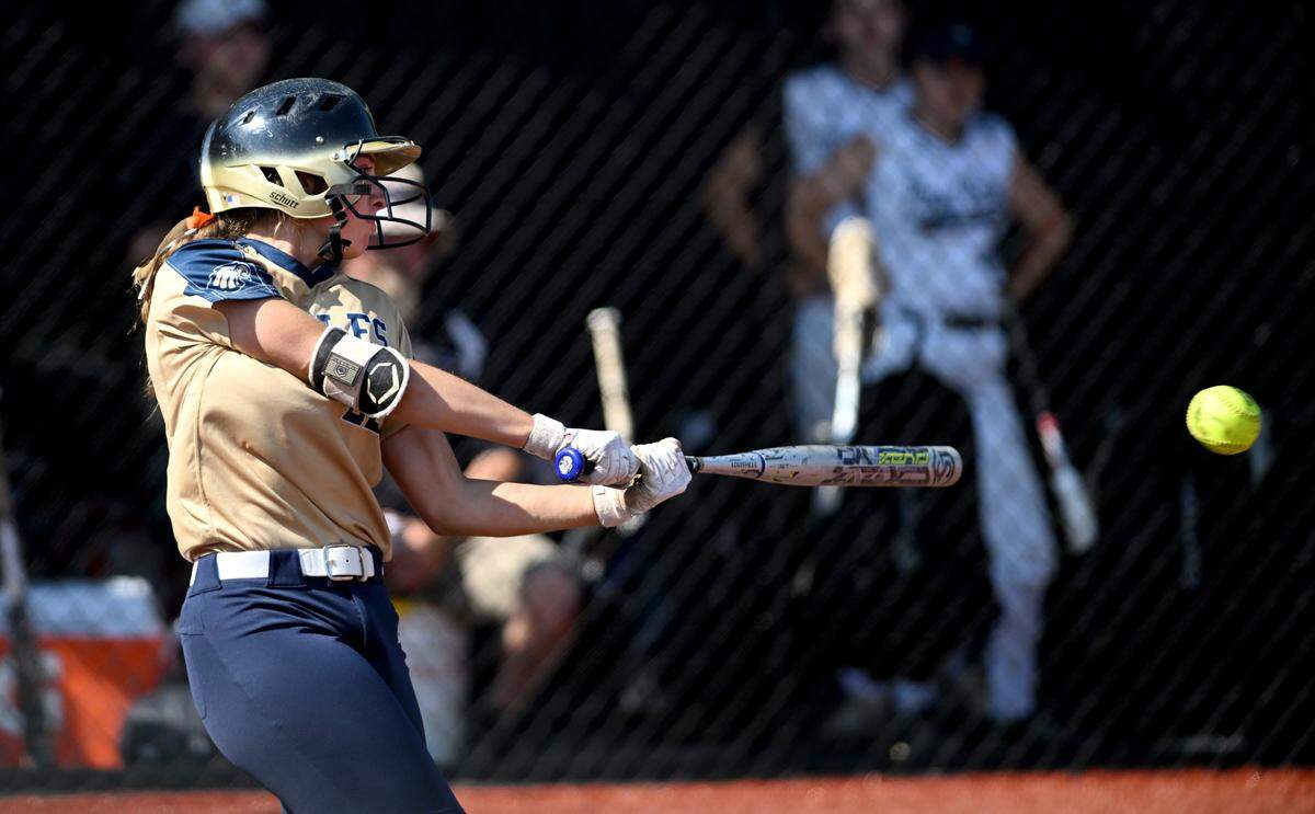 Bald Eagle’s Ava Stere gets a hit that scores a run during the District 6 2A championship game against Penns Valley at Saint Francis on Thursday, June 1, 2023.