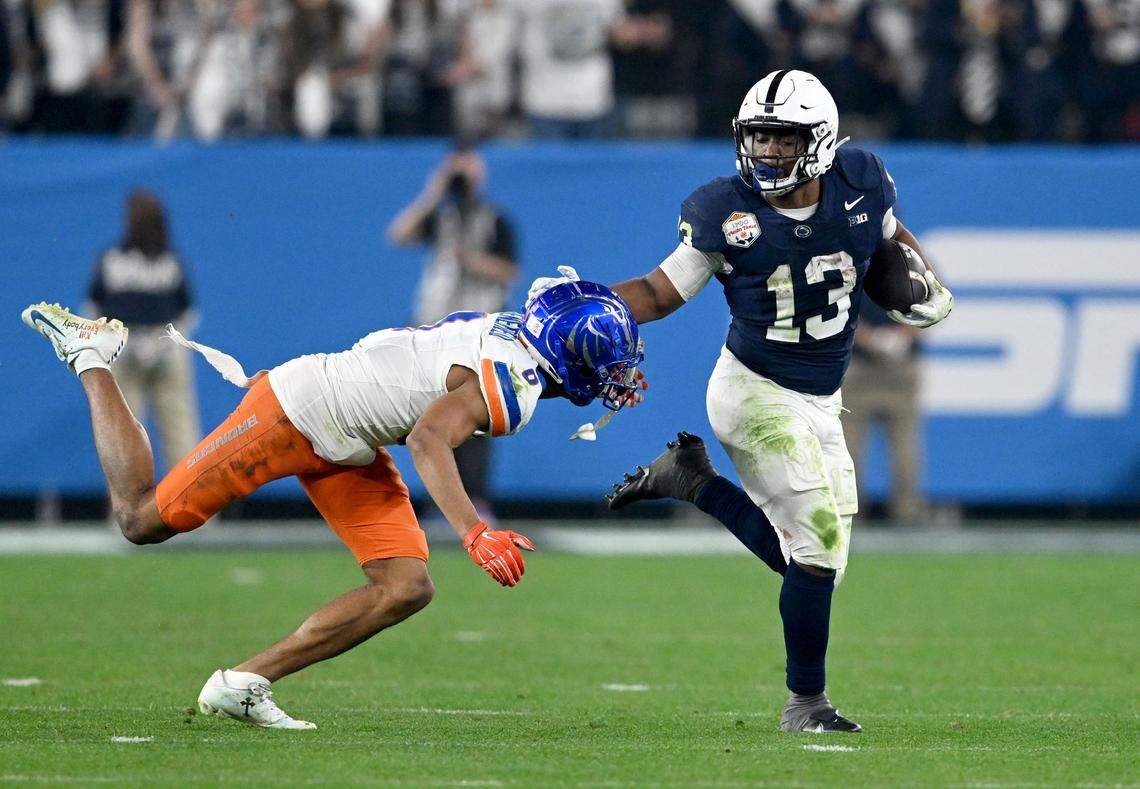 A Boise State defender can’t stop Penn State running back Kaytron Allen during the Fiesta Bowl on Tuesday, Dec. 31, 2024 at State Farm Stadium.  