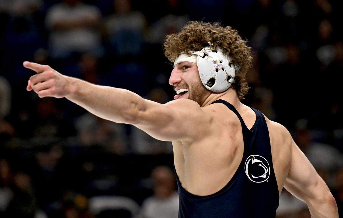 Penn State's Mitchell Mesenbrink points to the crowd after winning the 165-pound Big Ten Championship on Sunday, March 8, 2026.  