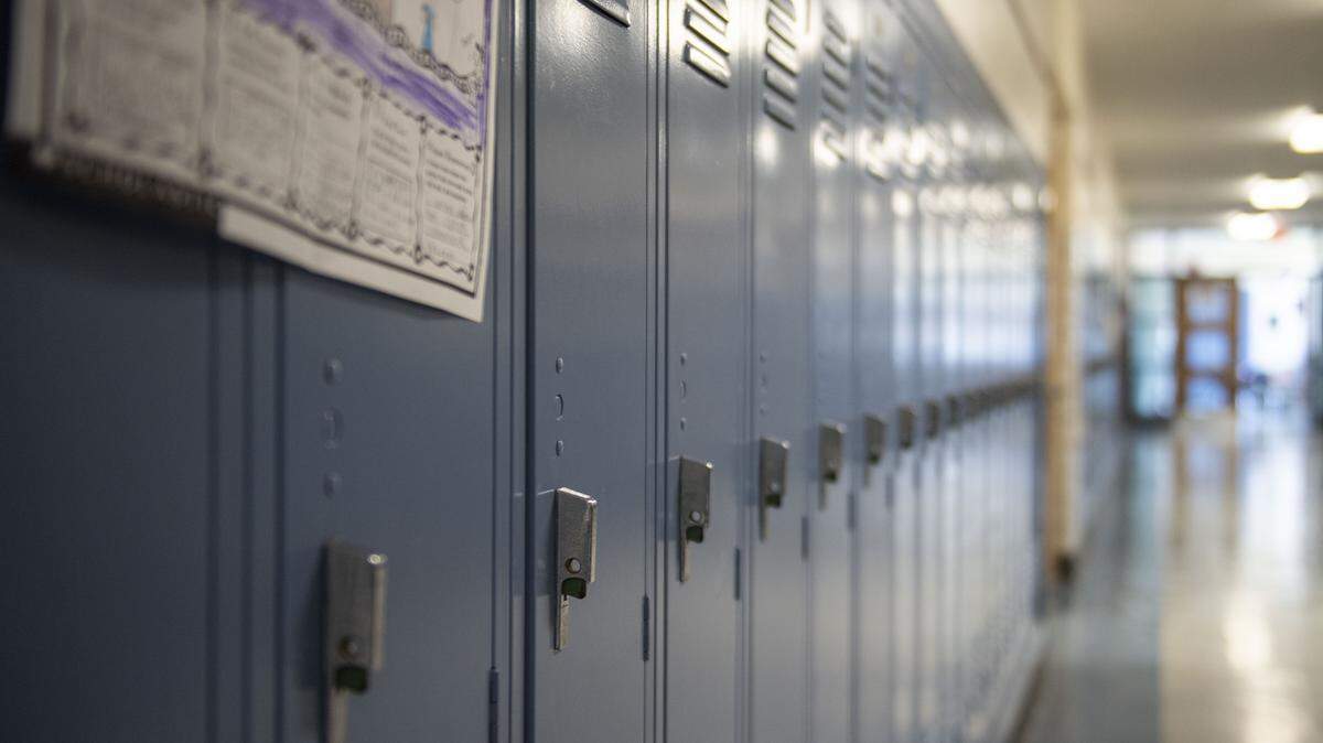 A row of lockers at Bennetts Valley Elementary School in Weedville, Pennsylvania on April 5, 2023.
