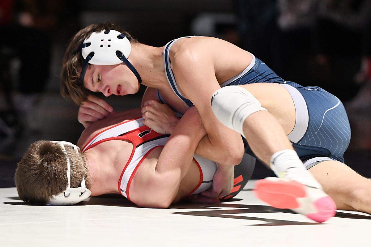 Penns Valley’s Colton Shunk controls Clearfield’s Colton Ryan in their 139-pound bout of the Rams’ 37-24 loss on Thursday. Shunk secured a 10-5 win over Ryan.