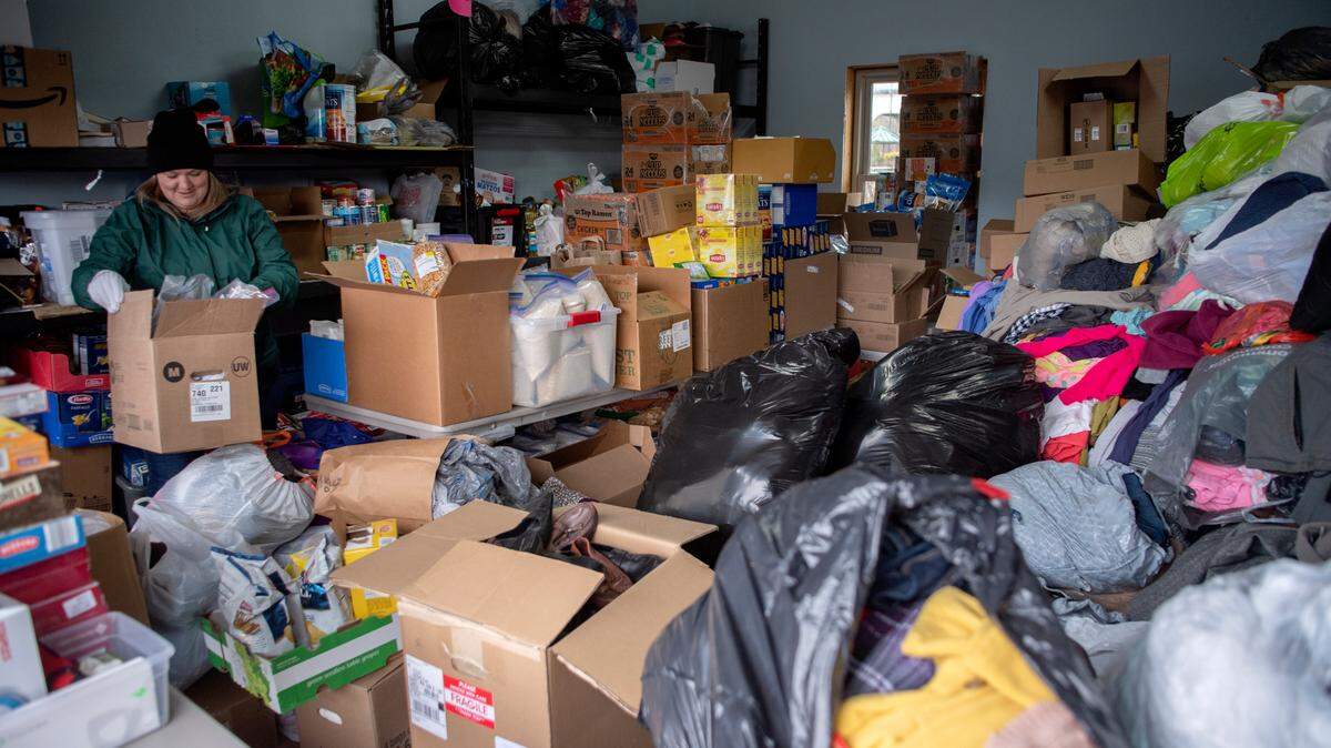 Victoria Galchenko works in the garage full of donations at the Salvation Baptist Church of State College on March 25, 2022. The church continues to collect supplies to send to Ukraine.
