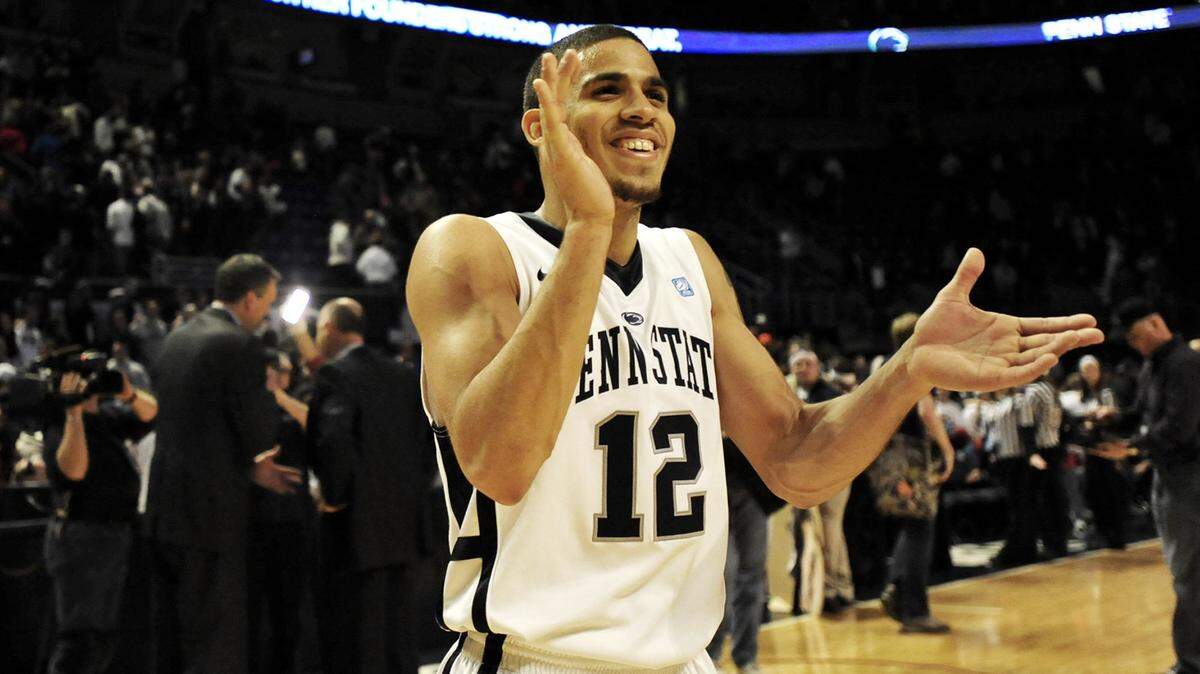 Penn State’s Talor Battle celebrates after the Nittany Lions defeated Wisconsin on Saturday, Jan. 29, 2011. The Nittany Lions defeated Wisconsin 56-52. CDT/Michelle Bixby