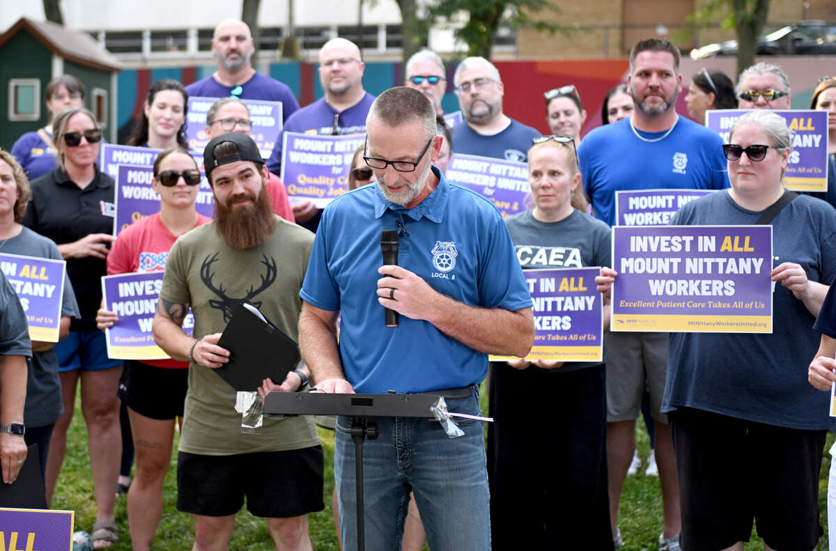 Jon Light from Teamsters Local 8 talks about the unions’ support for Mount Nittany healthcare workers on Wednesday, July 8, 2026.