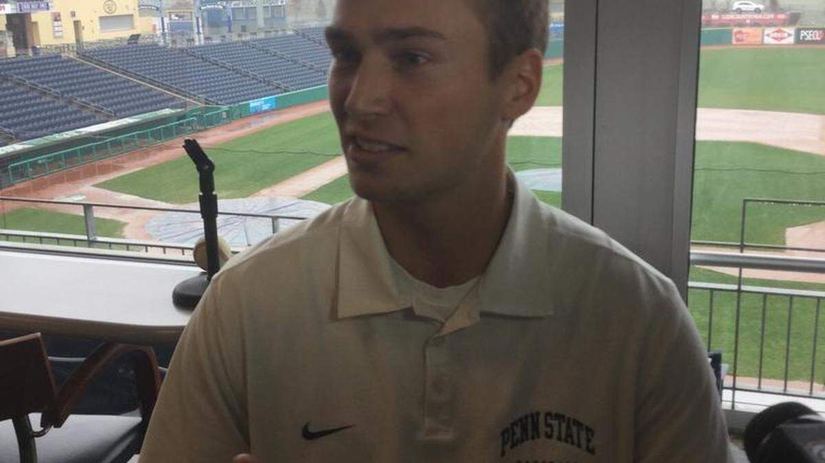 Penn State junior and State College graduate Tim Scholly talks about the Nittany Lions’ trip to Cuba later this month, at a press conference at Medlar Field at Lubrano Park on Tuesday. 
