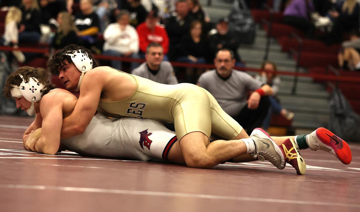Bald Eagle Area’s Caleb Close controls Huntingdon’s Andrew McMonagle in their 189-pound finals match of the PIAA Class 2A Southwest Regional Championships on Saturday, March 2, 2024 in Altoona. Close beat McMonagle, 5-3, for his second straight regional title.