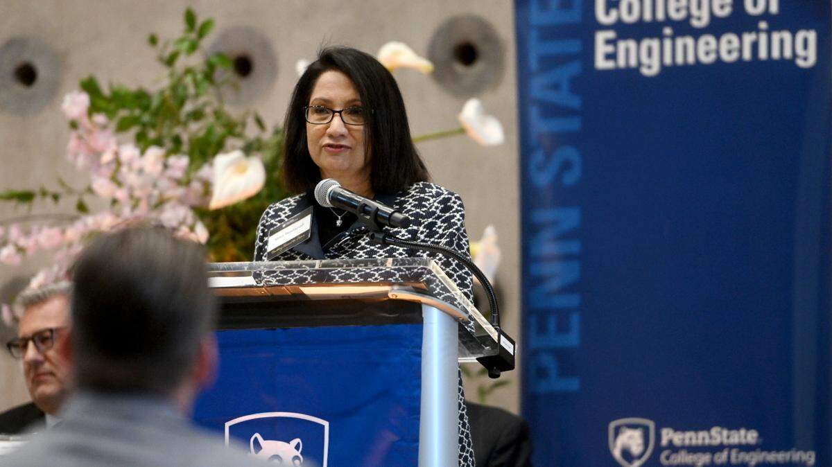 Penn State president Neeli Bendapudi speaks during the ribbon cutting and open house for the Engineering Design and Innovation Building on Friday, Feb. 24, 2023.