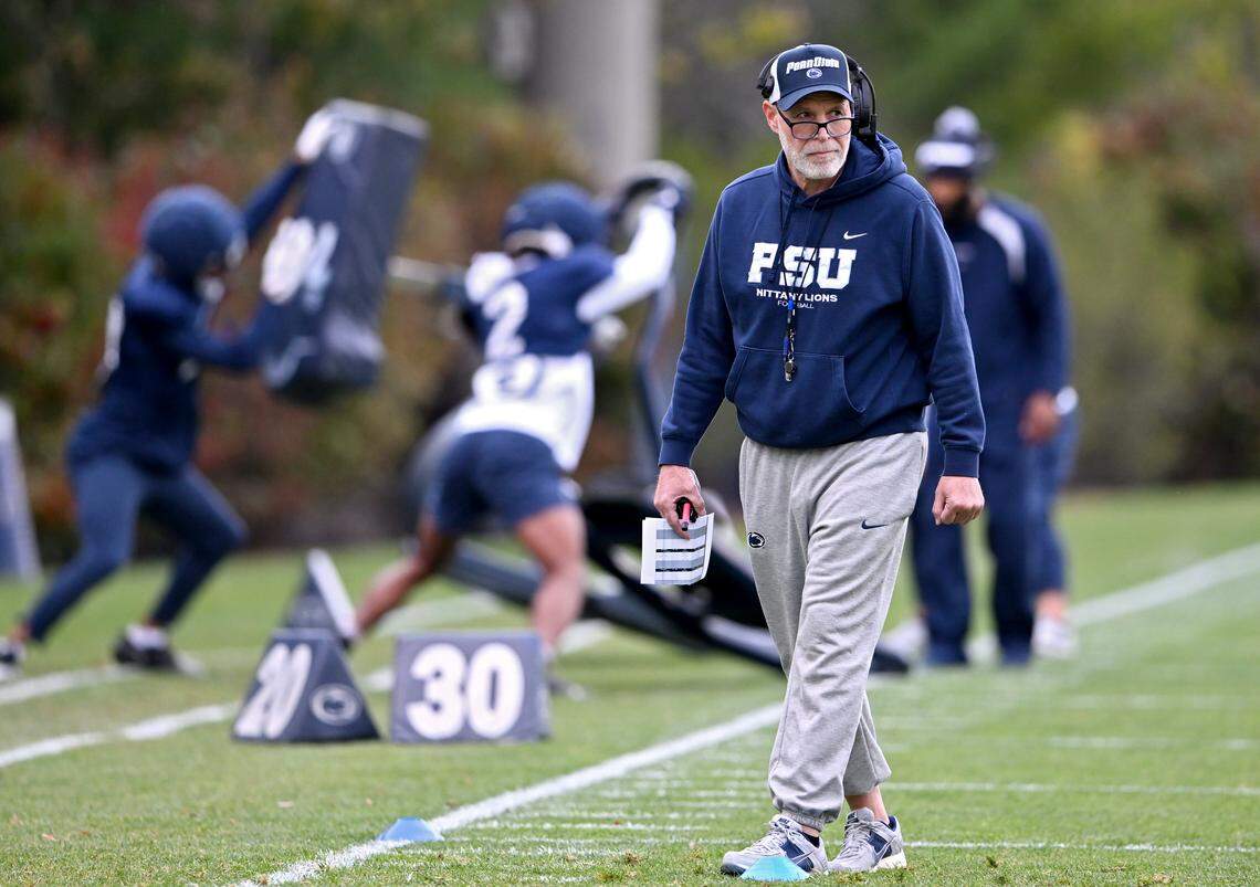 Penn State defensive coordinator Jim Knowles watches the defense run drills during practice on Tuesday, Oct. 21 2025. 