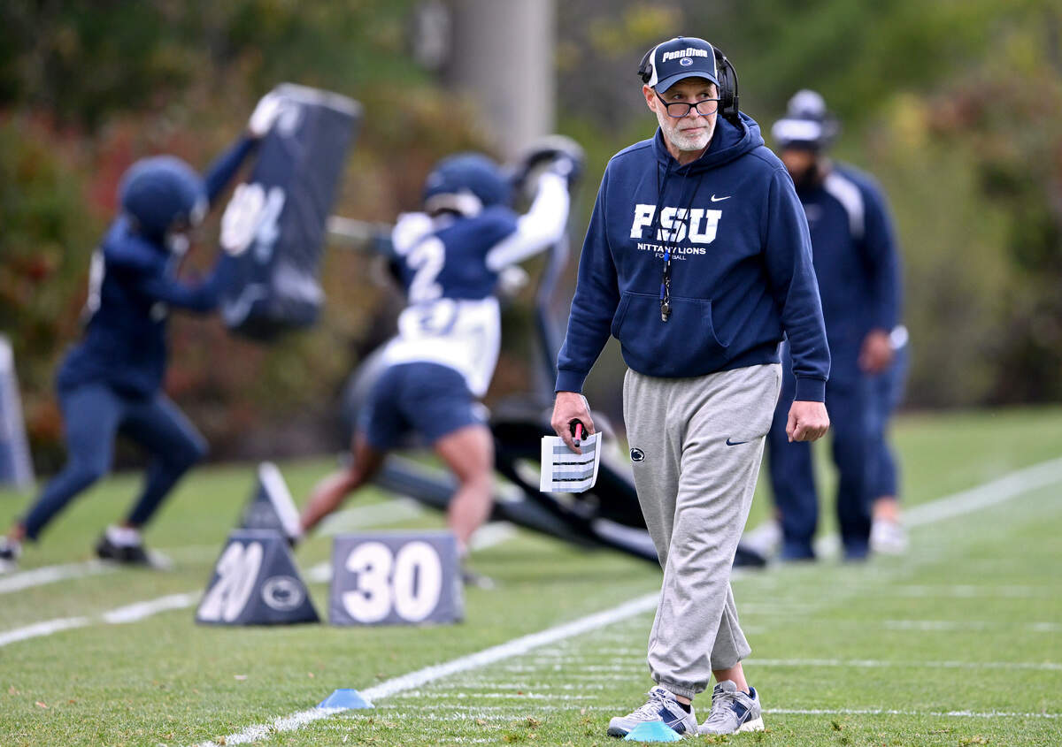 Penn State defensive coordinator Jim Knowles watches the defense run drills during practice on Tuesday, Oct. 21 2025.
