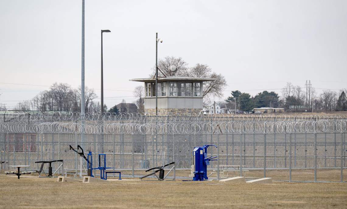 A guard tower looking over “the yard” at Rockview state prison on Monday, March 2, 2026.