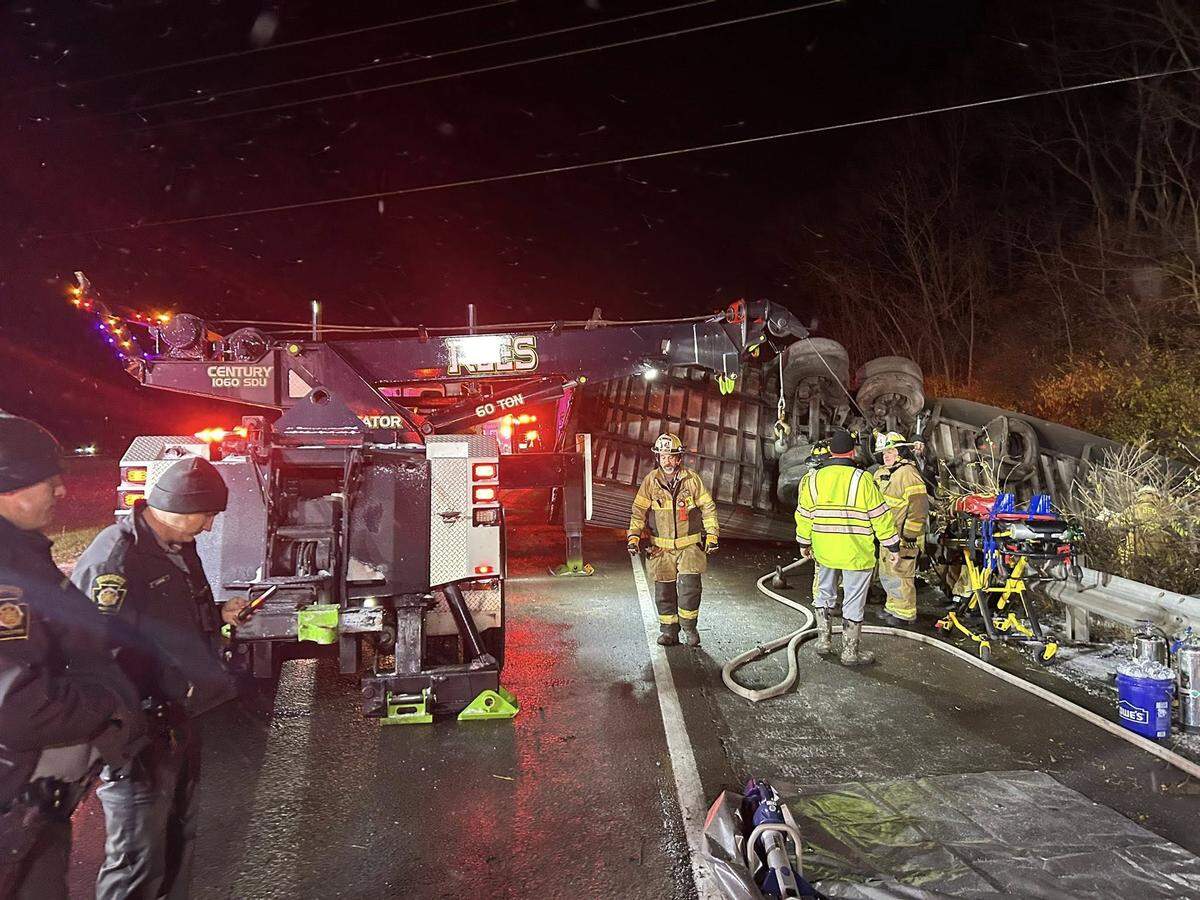 Emergency crews respond to a tractor-trailer crash on Interstate 80 in Boggs Township early Tuesday morning.