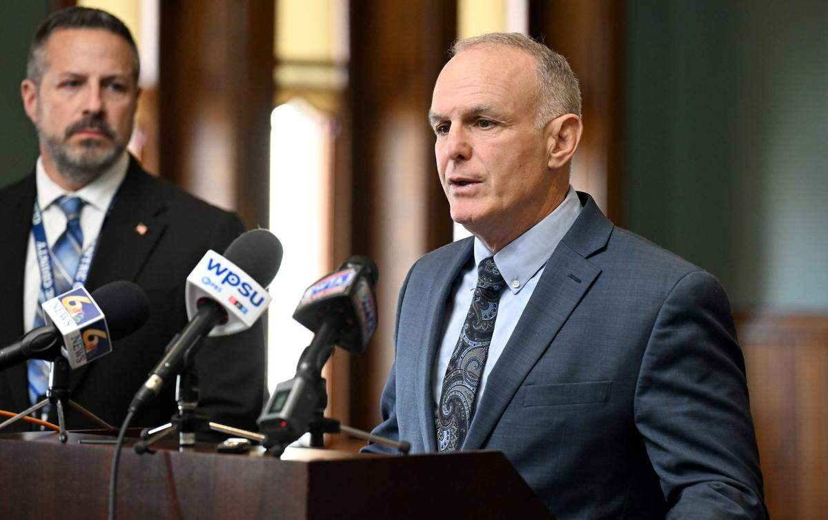Centre County District Attorney Bernie Cantorna during a press conference on Nov. 24, 2025.