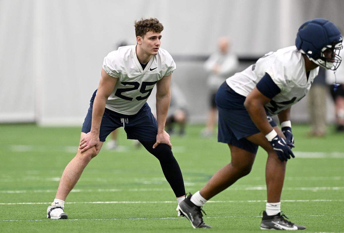 Penn State linebacker Alex Tatsch watches a play during spring practice on Thursday, March 26, 2026.  