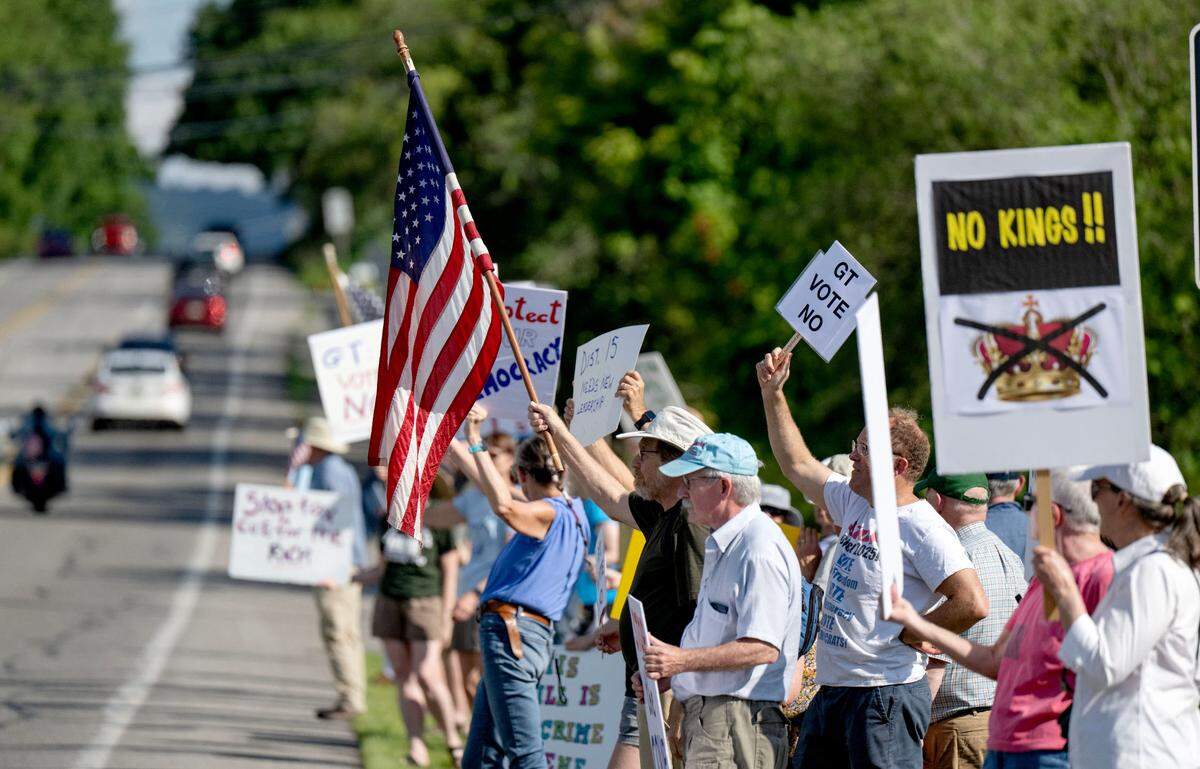 A crowd gathered outside of U.S. Rep Glenn “GT” Thompson’s office on Benner Pike to urge him to vote no to the “Big Beautiful Bill” on Wednesday, July 2, 2025.