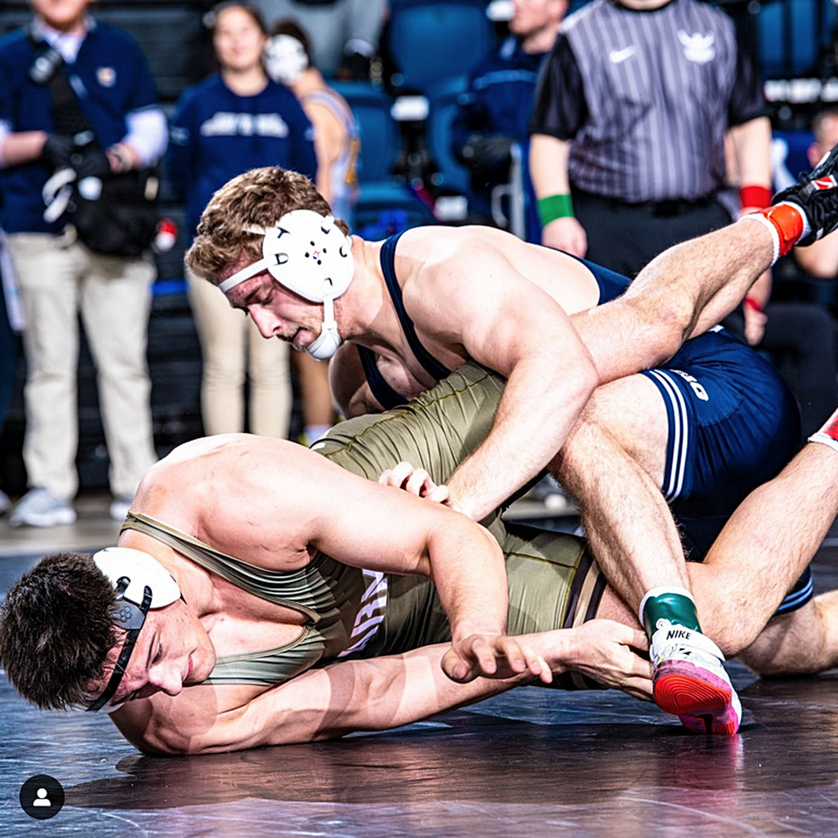 Penn State’s Cole Mirasola controls Army West Point’s Brady Colbert in their 285-pound semifinals match of the Southern Scuffle in Chattanooga, Tenn. Mirasola topped Colbert, 9-5, en route to winning the title.