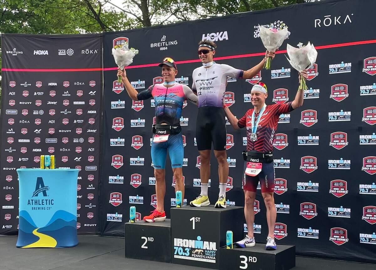 A look at the podium and top-3 finishers Sunday, June 14, 2026, at the Ironman 70.3 Pennsylvania Happy Valley North American Championship in Centre and Clinton counties.