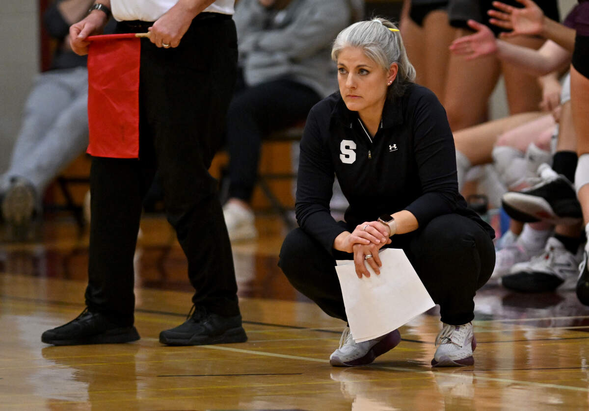State College’s girls volleyball coach Audrey McDonough watches her players during the game against Pine-Richland in the first round of the PIAA 4A championships on Tuesday, Nov. 4, 2025.
