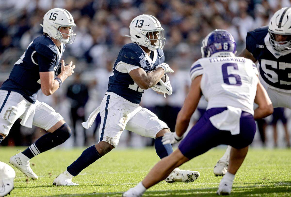 Penn State running back Kaytron Allen run with the ball during the game against Northwestern on Saturday, Oct. 11, 2025.