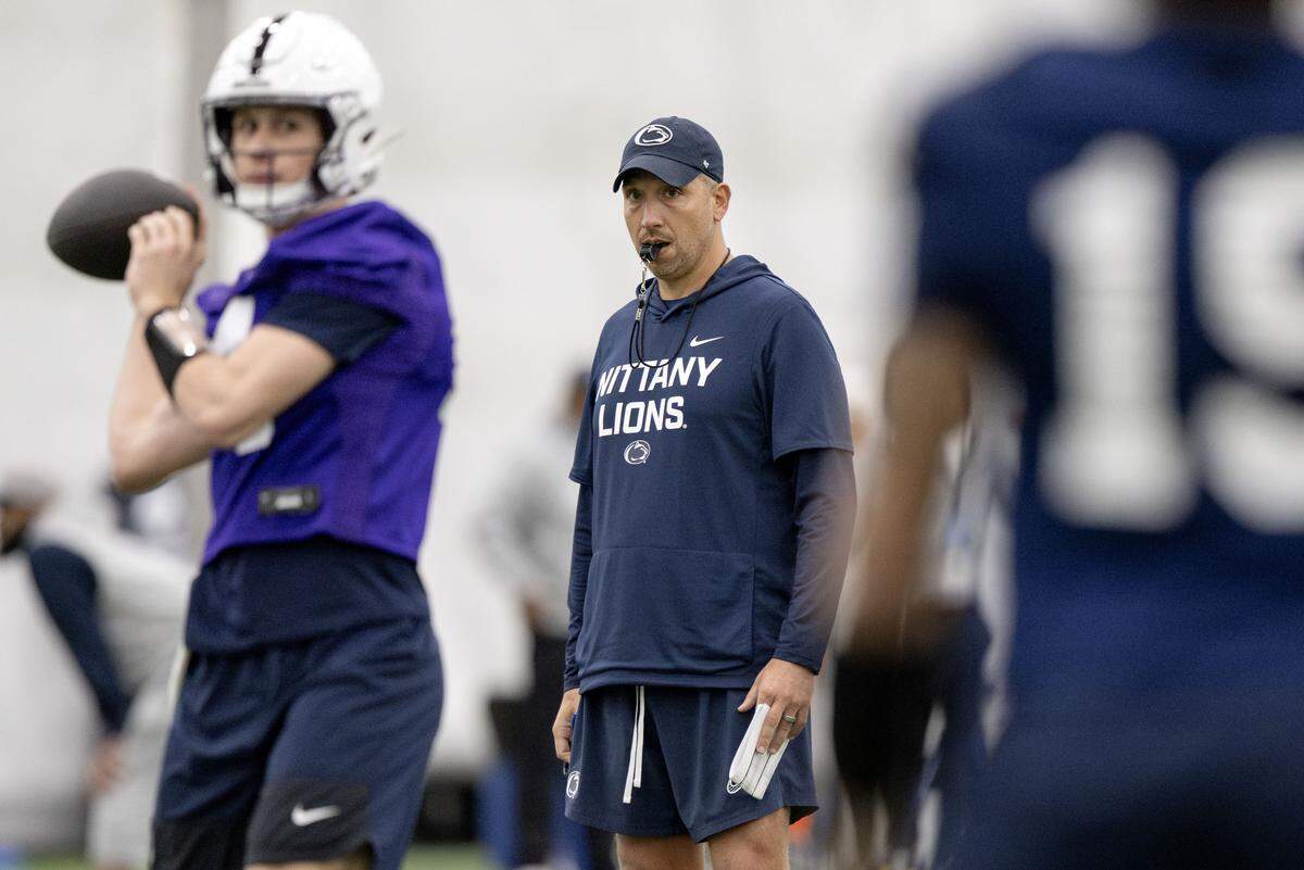 Penn State football coach Matt Campbell watches a play during spring practice on Thursday, March 26, 2026.  