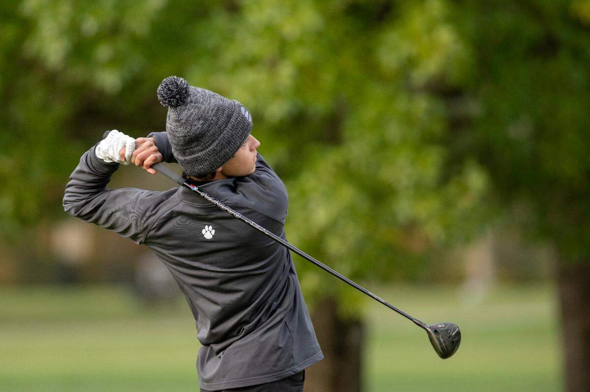 State College’s Joey Sabol tees off on the first hole of the PIAA golf championships on Monday, Oct. 17, at the Penn State Golf Courses.