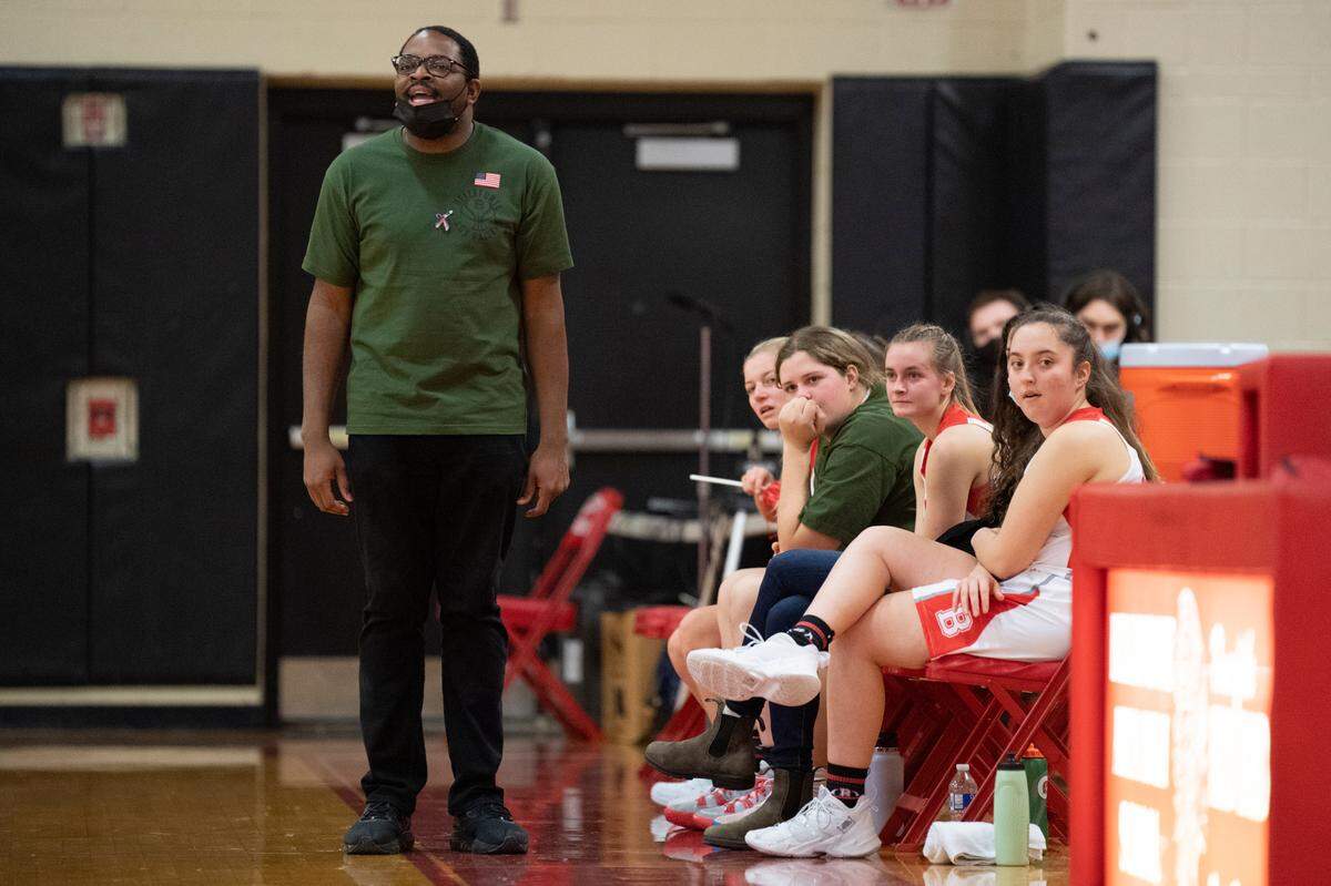 Bellefonte head coach Marcus Toomer talks to his players during a girls basketball game against Hollidaysburg on Jan. 28.