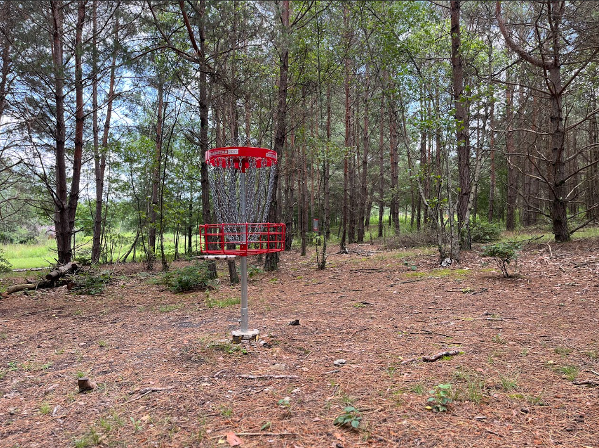A disc golf basket, with another one in the background, is pictured on the ninth hole of the Wilderness City Disc Golf Course.