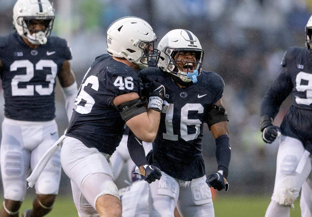 Penn State safety Ji’Ayir Brown celebrates a tackle during the game against Northwestern on Saturday, Oct. 1, 2022.