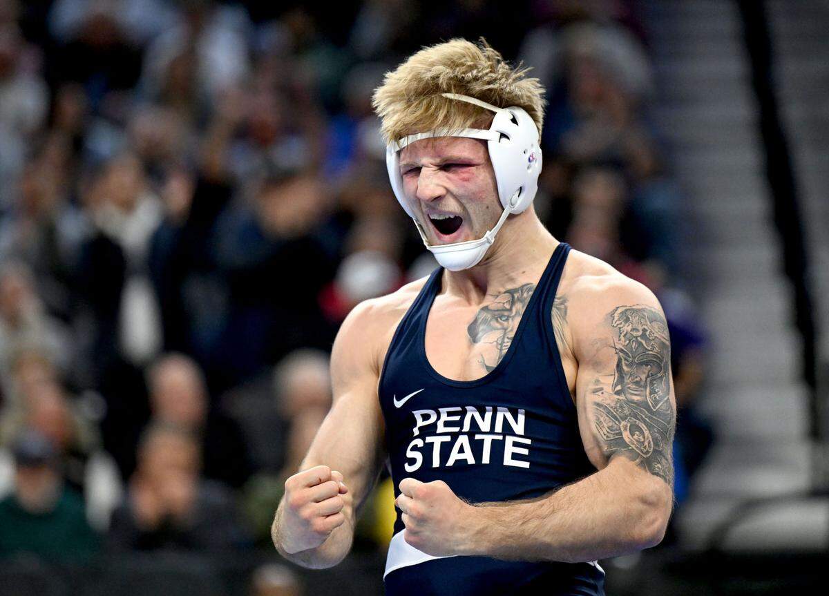 Penn State’s Josh Barr celebrates his semifinal bout win over Michigan’s Jacob Cardenas at the 2025 NCAA Wrestling Championships in Philadelphia on Friday, March 21, 2025.