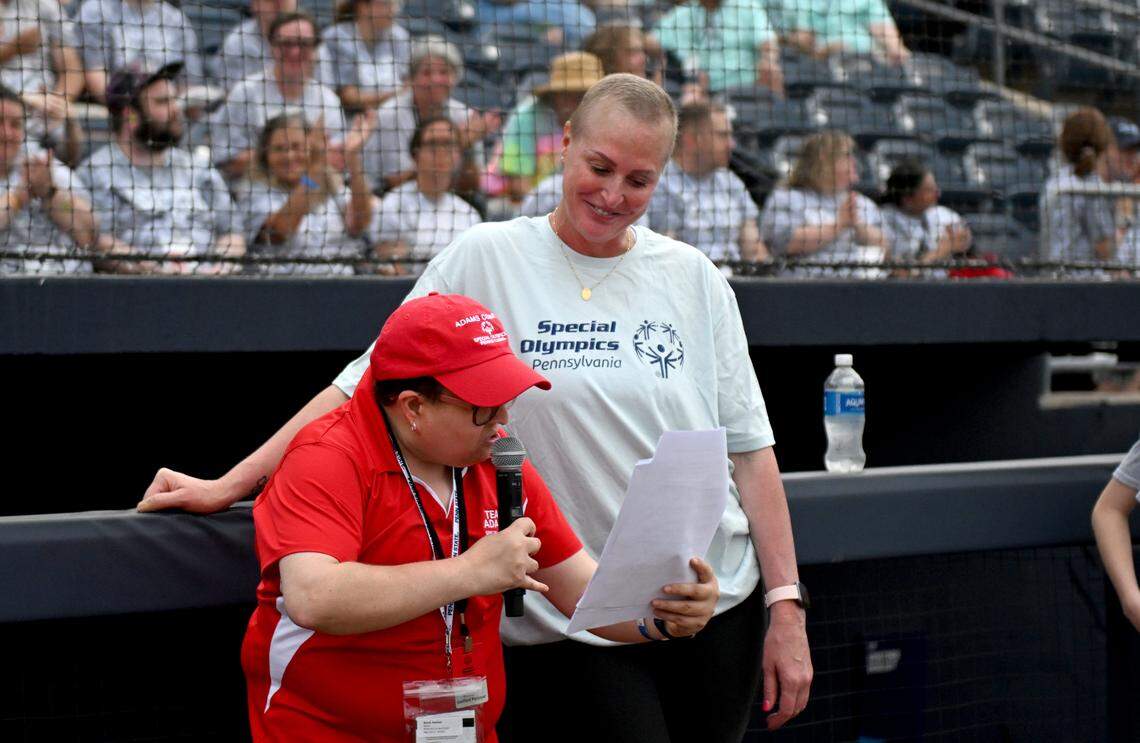Special Olympics athlete Rachel Beard interviews Penn State women’s volleyball coach Katie Schumacher-Cawley during the Special Olympics PA Summer Games opening ceremony on Thursday, June 5, 2025 at Medlar Field.