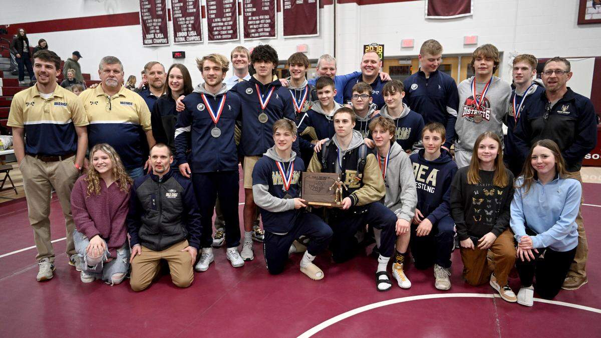 Bald Eagle Area wrestling celebrates being the District 6 2A champions on Saturday, Feb. 18, 2023.