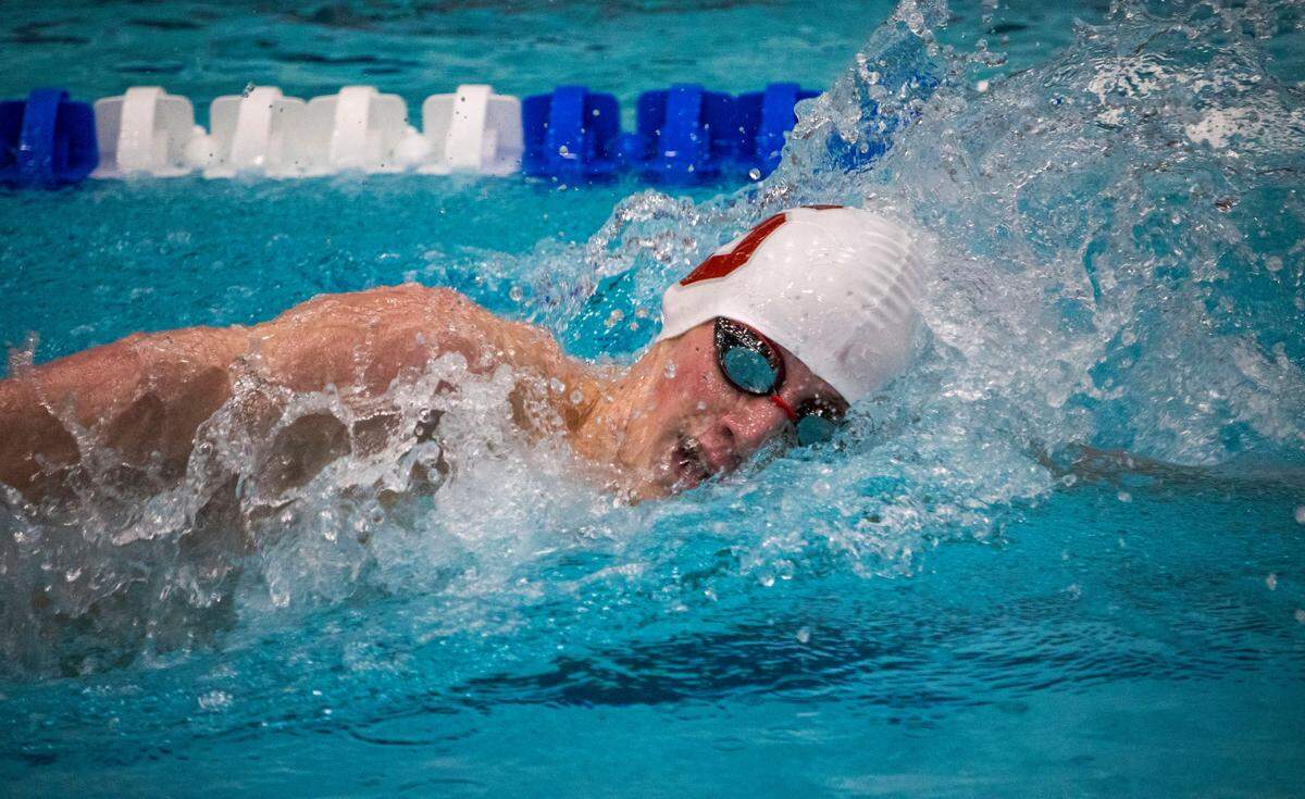 State College High School sophomore Sam Huggins turns to his right side for air during the Boy’s 500 Yard Freestyle in the AAA Bracket during the PIAA Swimming and Diving 2023 District 6 Championship held at the McCoy Natatorium on Saturday, Mar. 4, 2023, in University Park, Pa. Huggins placed first in his event with a final time of 4:33.31.