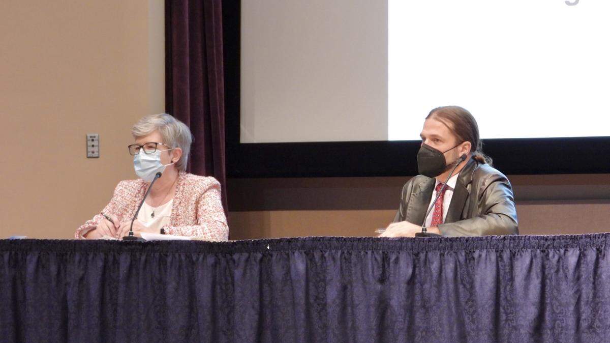 Lee Ann Banaszak, left,. and Christopher Fowler, members of Governor Tom Wolf’s redistricting advisory council, heard from several Centre County residents, Penn State students and others Monday about what they’d like to see taken into consideration as Pennsylvania undergoes the redistricting process.           