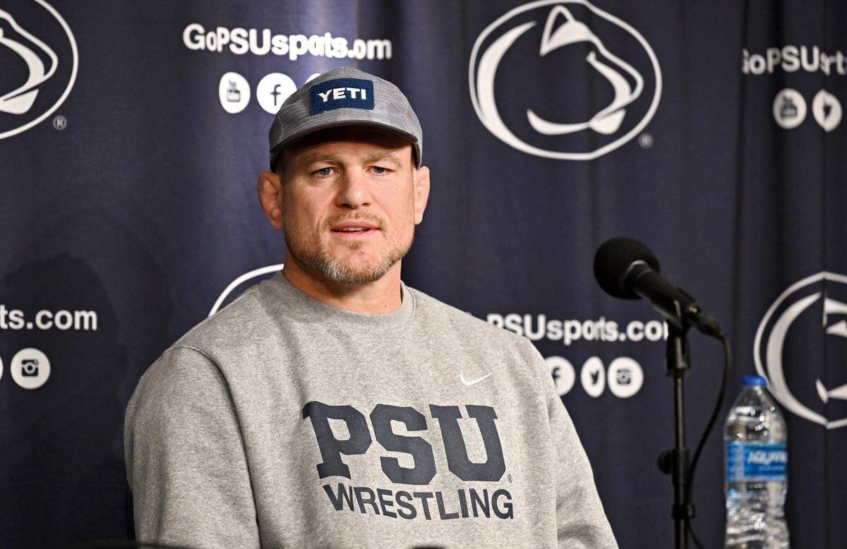 Penn State wrestling coach Cael Sanderson answers questions about the team during media day on Tuesday, Nov. 11, 2025.  