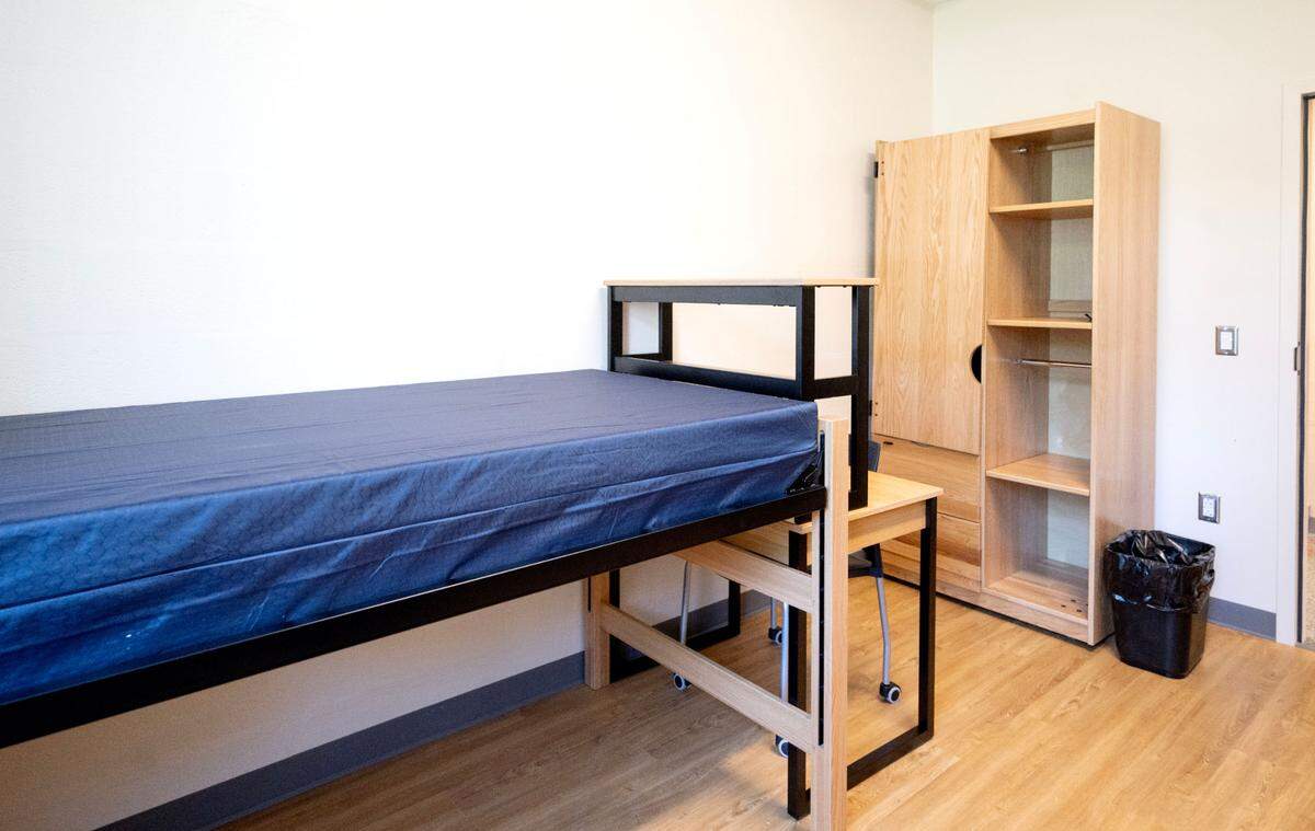 One side of a double occupancy dorm room in Hastings Hall.