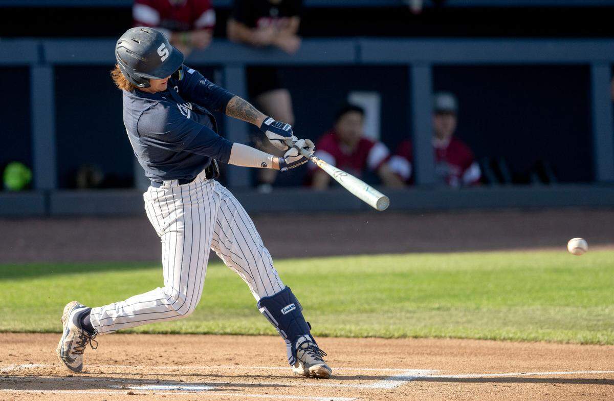 Penn State’s Bryce Molinaro hits a single that scores a run during the game against Rider on Wednesday, April 30, 2025 at Medlar Field.