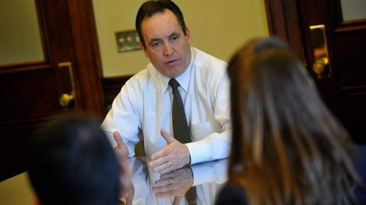 There have been settlement discussions in a lawsuit brought by state Sen. Jake Corman, seen here in a photo from Penn State Capitol Day in April.
