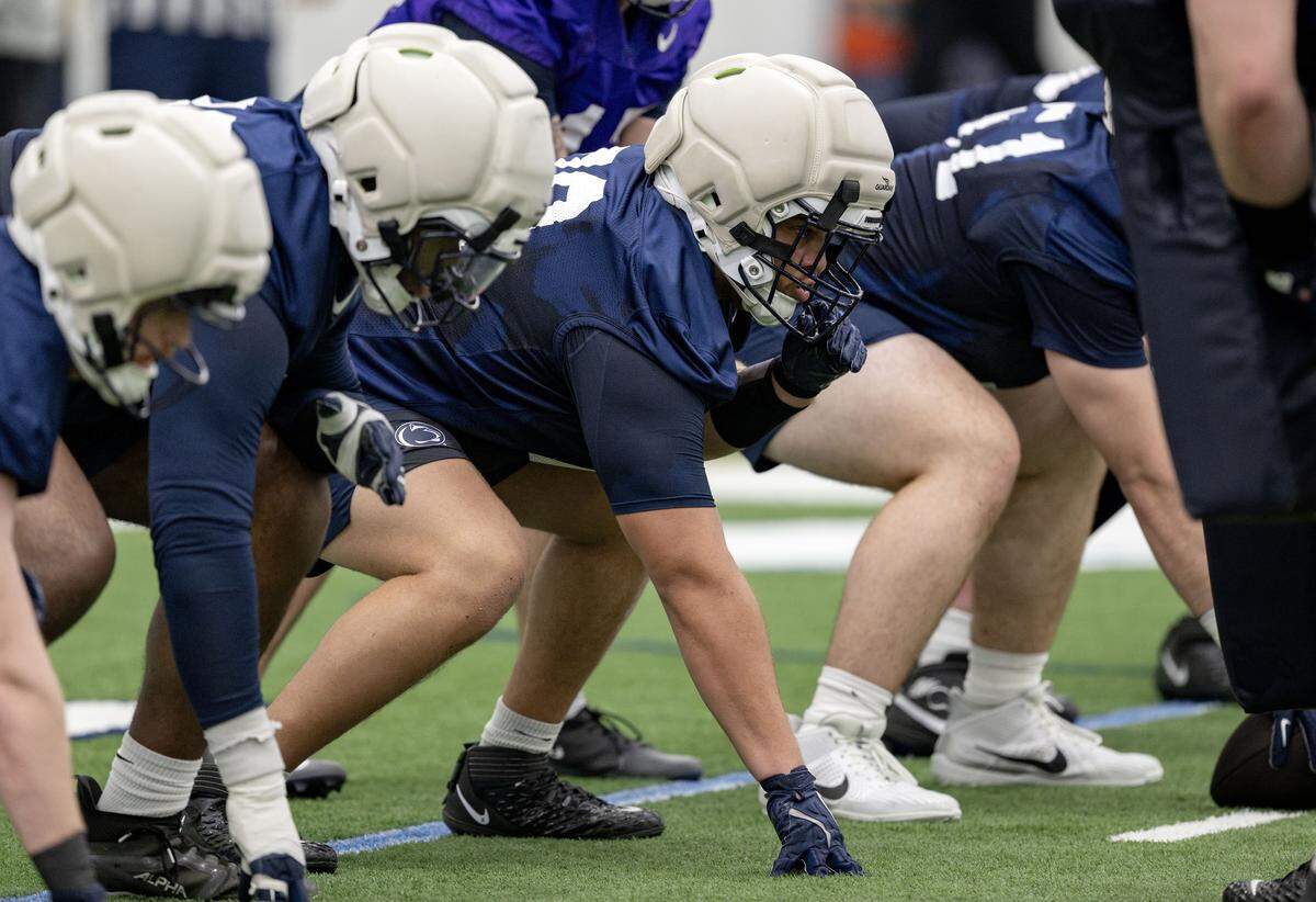 Penn State offensive lineman Trevor Buhr lines up for a play during spring practice on Thursday, March 26, 2026.  