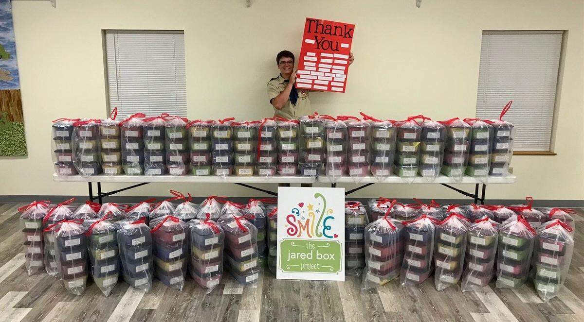 Alex Parsons, a member of Boy Scout Troop 20 of Centre Hall and a 10th grader at Penns Valley Area High School, recently created 216 Jared Boxes and earned Eagle Scout honors. As part of his project, he also presented The Jared Box Project with a donation of $500.
