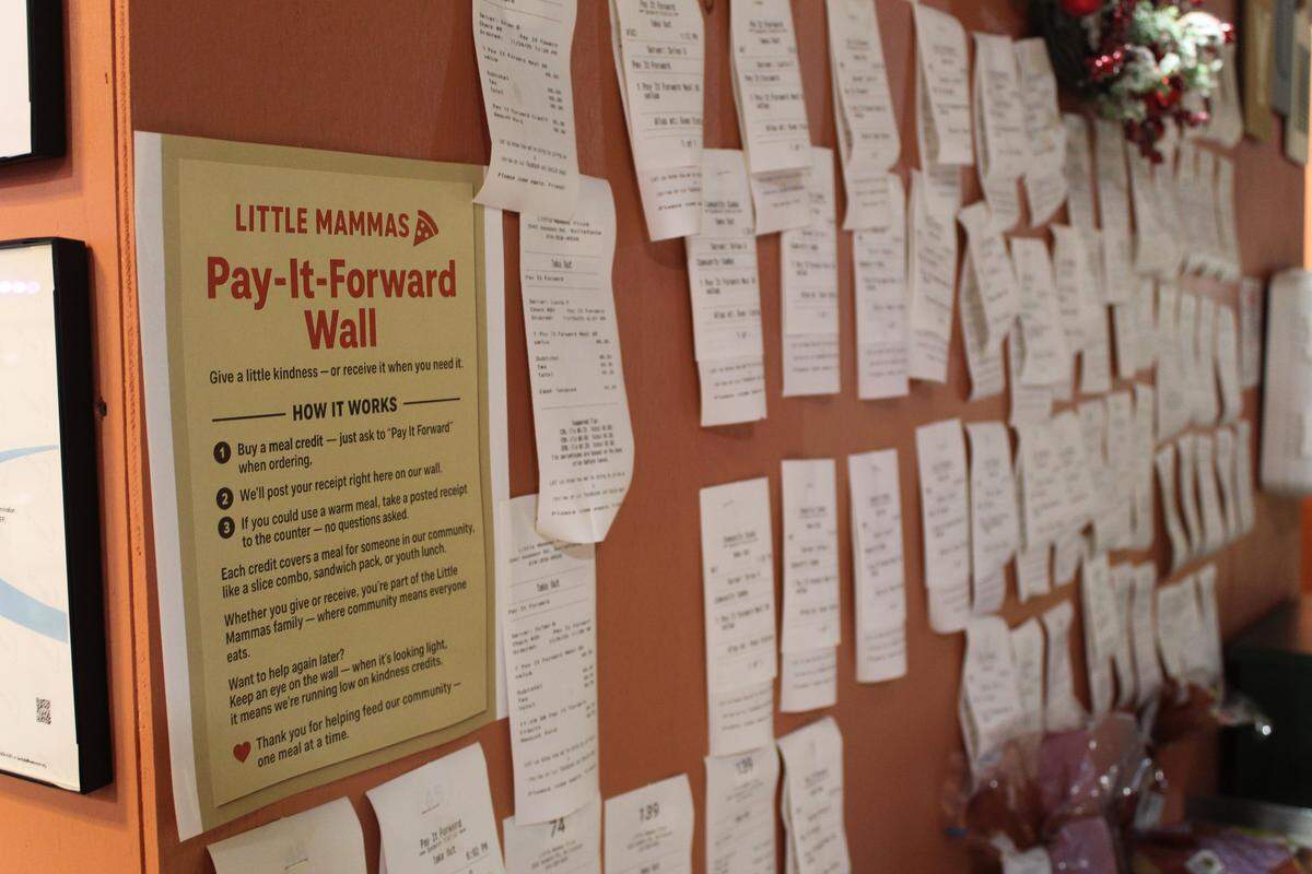 The sign for Little Mamma’s Pizza’s pay-it-forward wall, located in the Titan Market at 2042 Axemann Road near Bellefonte.