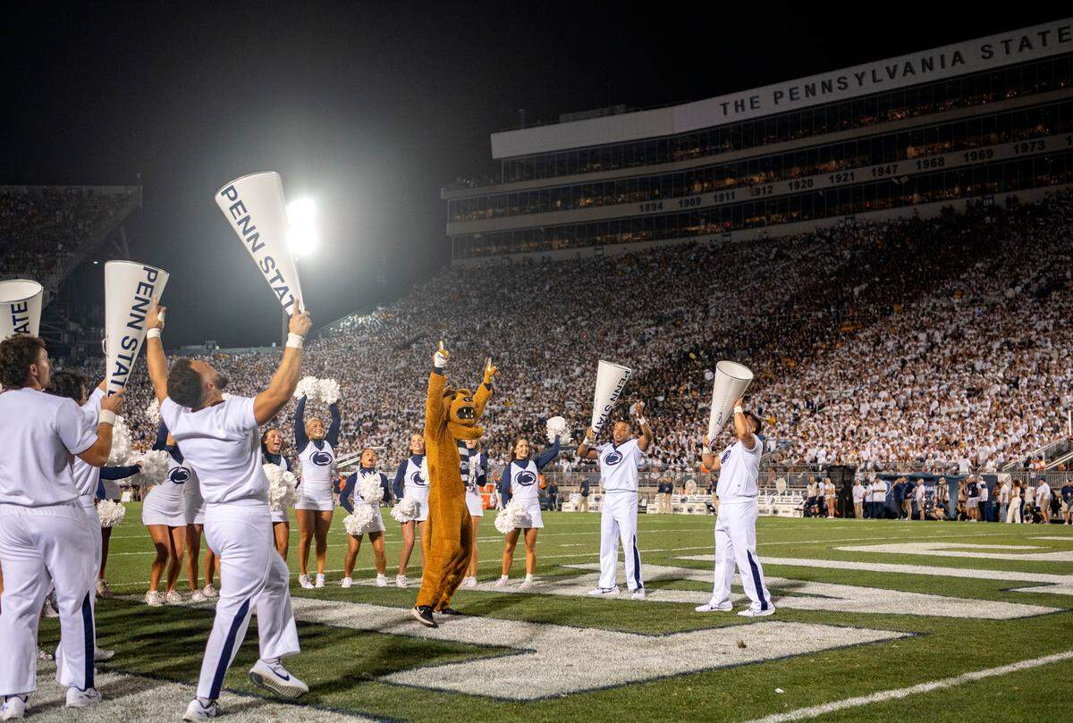 The Penn State Nittany Lion celebrates during the game against West Virginia on Saturday, Sept. 2, 2023.