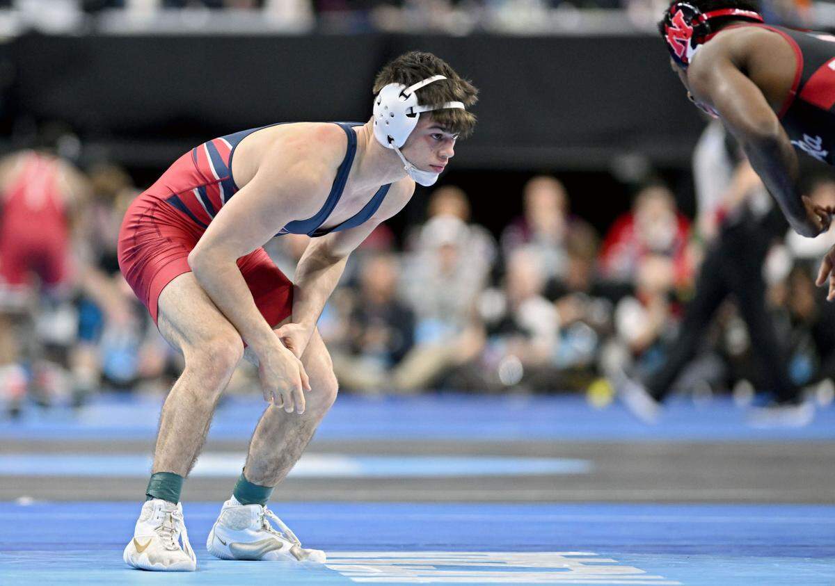 Penns Jude Swisher faces Nebraska’s Antrell Taylor in a 157-pound bout during the 2025 NCAA Wrestling Championships in Philadelphia on Thursday, March 20, 2025.
