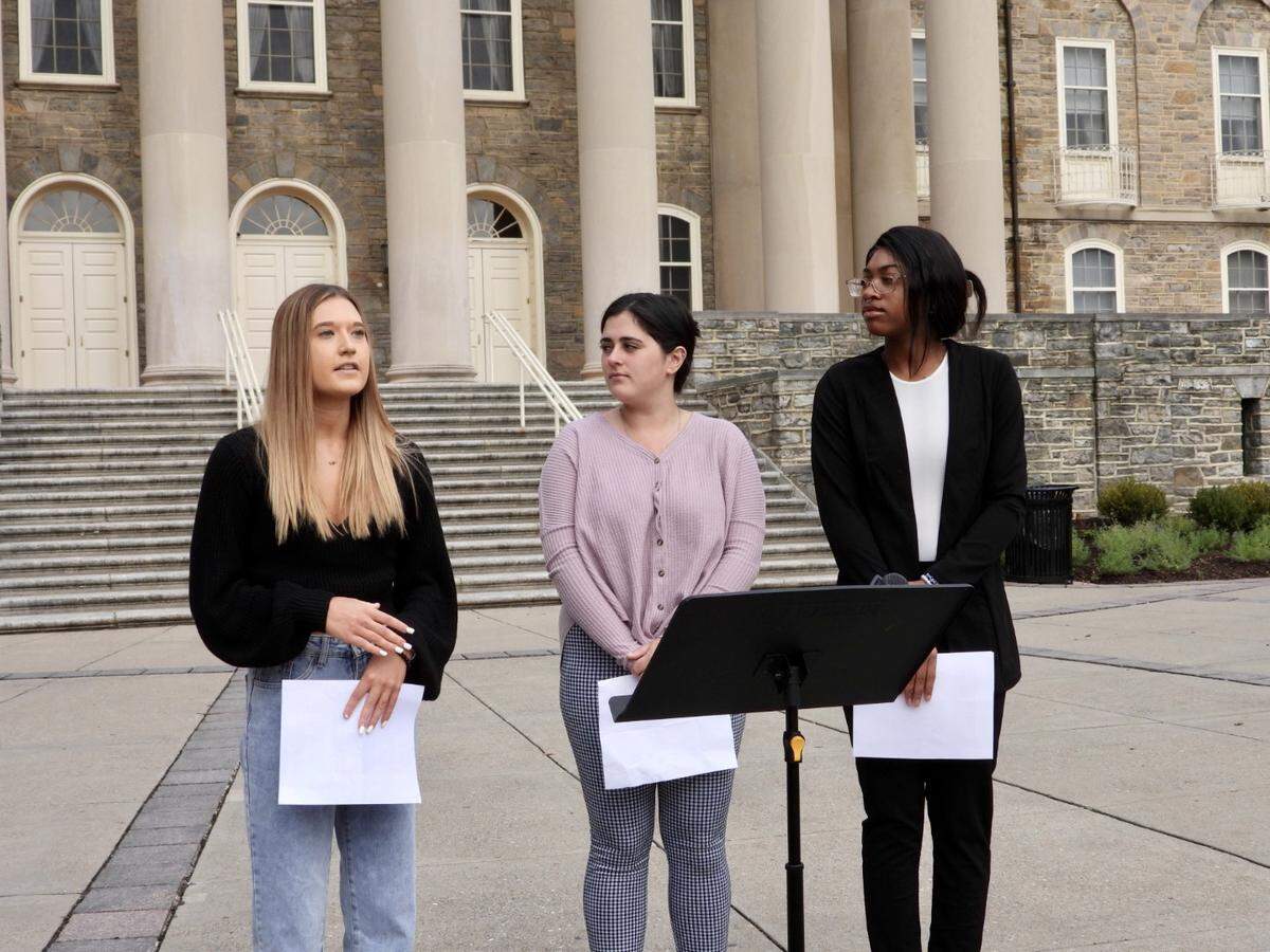 Penn State students (left) Nicole Ramsey, Taylor Root and Brooklynn Jones spoke at Old Main Monday to bring awareness to Pennsylvania Senate Bill 106 and encourage younger people to vote in the upcoming election.