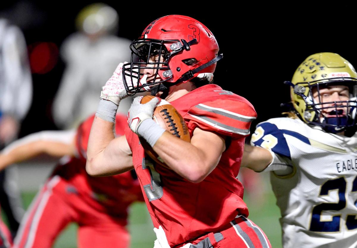 Bellefonte’s Jalen Emel cuts down the field from Bald Eagle Area defenders during the game on Friday, Oct. 16, 2020.
