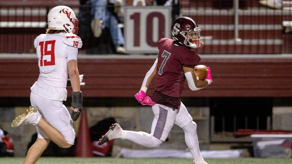 Cumberland Valley’s Gavin Kendrick can’t stop State College’s D’antae Sheffey as he runs for a touchdown during the game on Friday, Oct. 21, 2022 at Memorial Field.